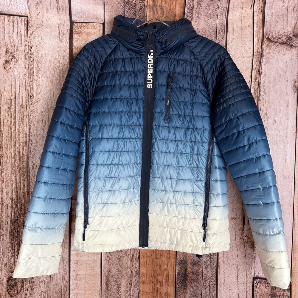 Superdry‎ Puffer Jacket Power Fade Ombre Blue Neck Guard Men's Large Winter Coat
